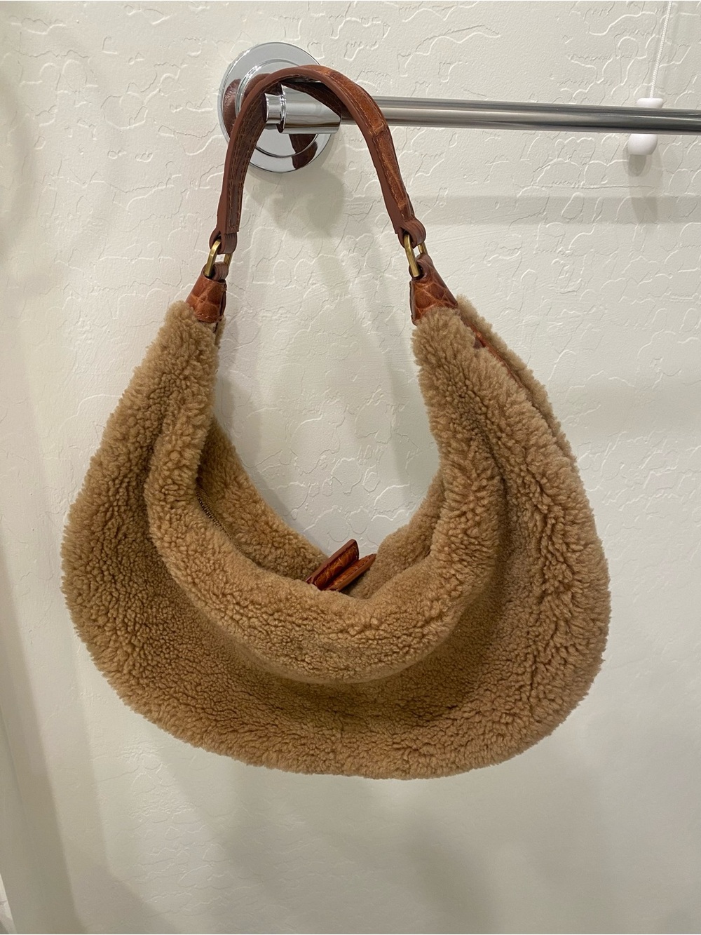 STAUD Tan Faux-Shearling Shoulder Hobo with Brown Leather croc Trim crescent